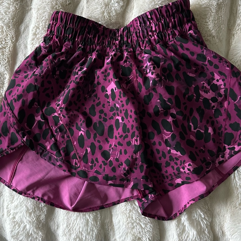 Lululemon Pink and Black Leopard Print Running Shorts, Size 4